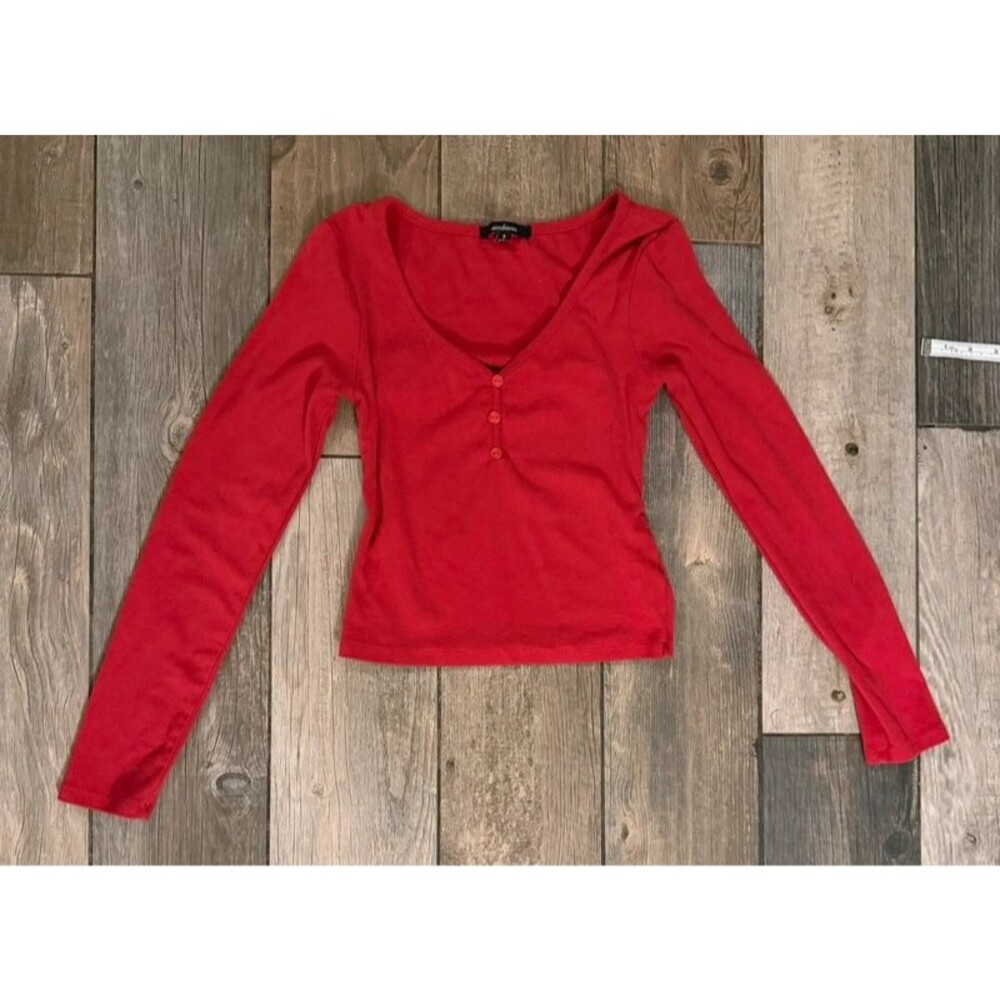 Y2k Red Cotton Long Sleeve Button Top